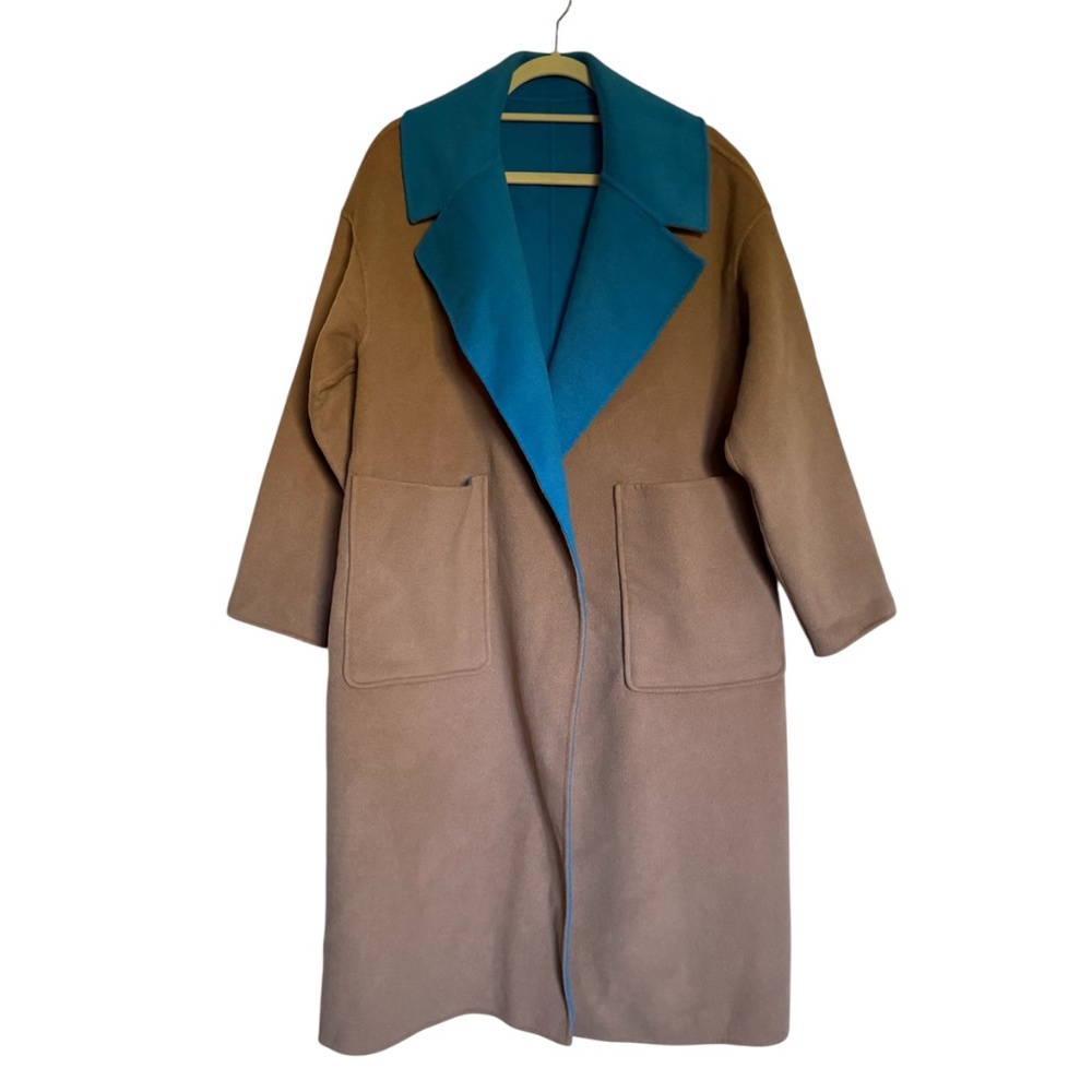 Essentiel Antwerp Reversible Camel Turquoise Wool Blend Wrap Coat Size 36 US 4 - Picture 2 of 16